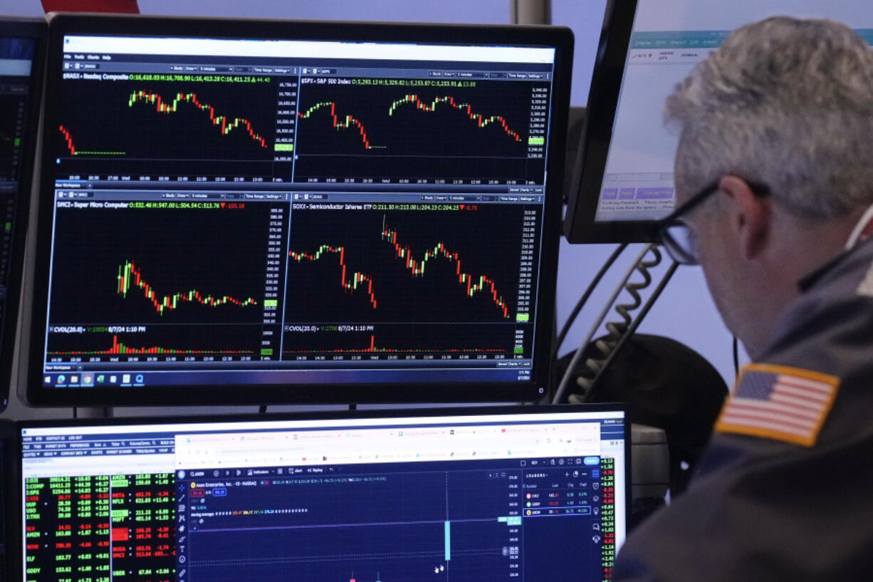 A trader works on the floor of the New York Stock Exchange, Wednesday, Aug. 7, 2024.