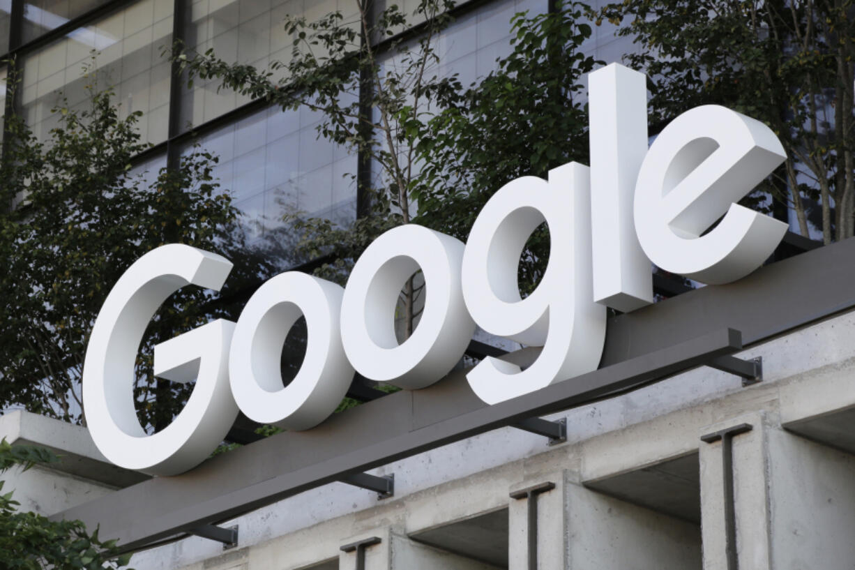 FILE - The Google sign is shown over an entrance to the company&rsquo;s building in New York on Sept. 6, 2023.