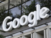 FILE - The Google sign is shown over an entrance to the company&rsquo;s building in New York on Sept. 6, 2023.