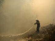 A firefighter tries to extinguish a fire in northern Athens, Monday, Aug. 12, 2024, as hundreds of firefighters tackle a major wildfire raging out of control on fringes of Greek capital.