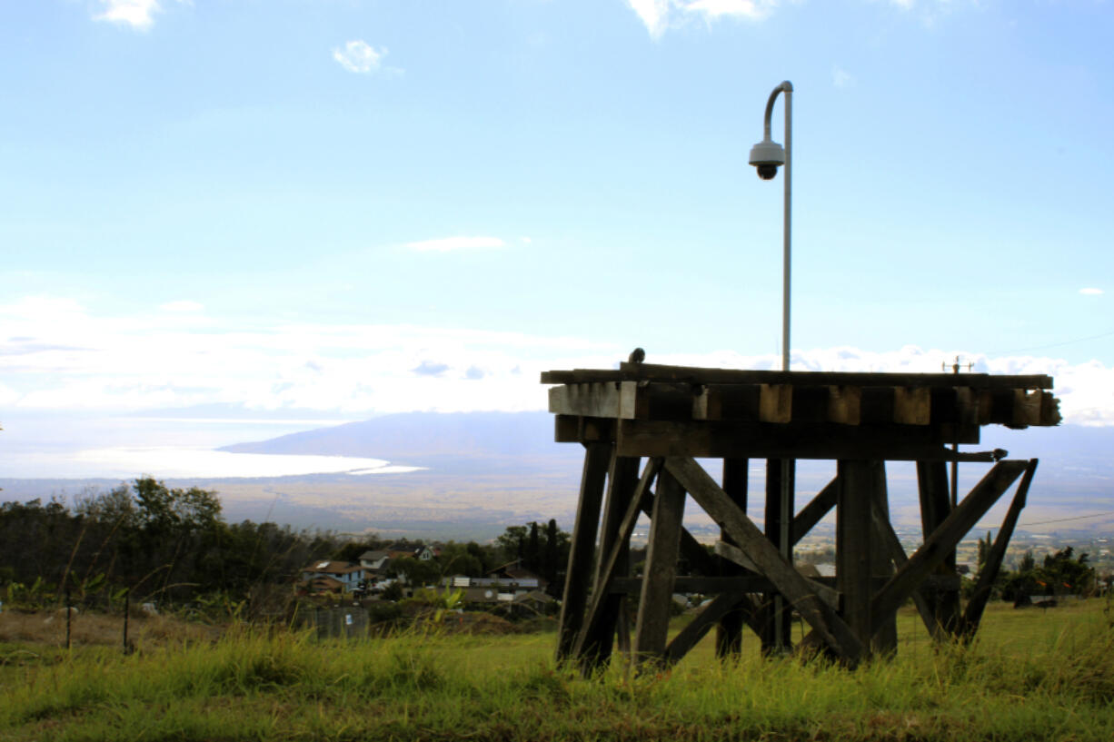 A fire-detection camera overlooks a neighborhood on Thursday, July 18, 2024, in Kula, Hawaii.