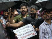 Members of West Bengal Junior Doctors&rsquo; Front and nursing students shout slogans as they protest against the rape and killing of a trainee doctor at a government hospital in Kolkata last week, in Kolkata, India, on Sunday.