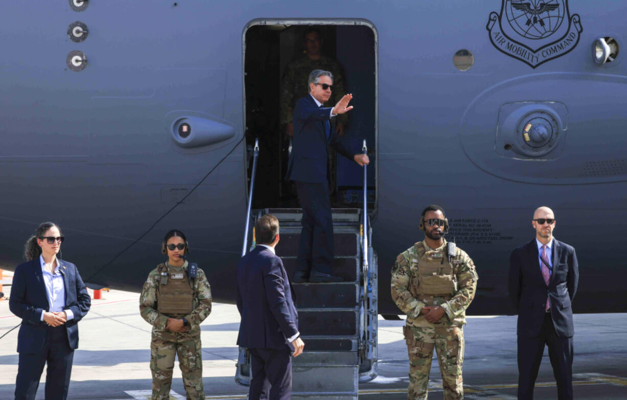 U.S. Secretary of State Antony Blinken gestures as he departs for Egypt, in Tel Aviv, Israel, Aug. 20, 2024.