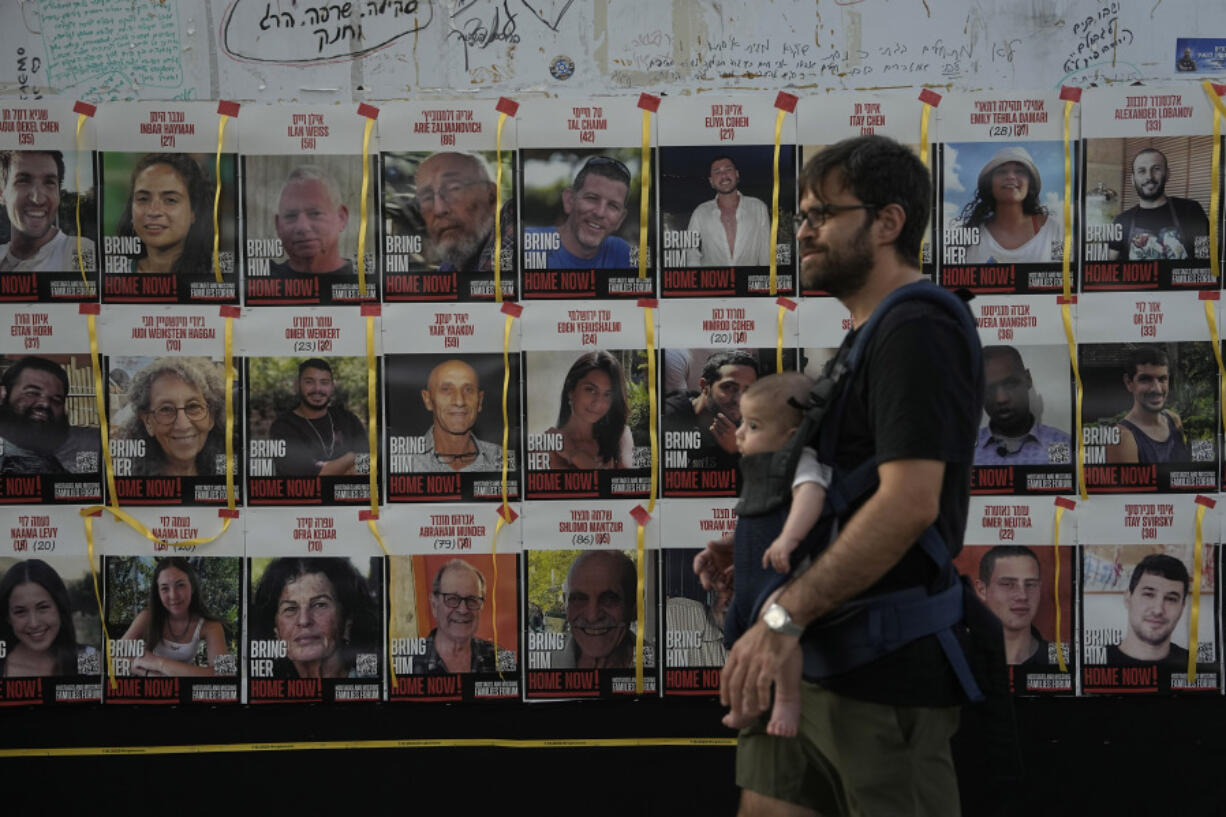 Posters of hostages taken on Oct. 7, 2023 in southern Israel by Hamas militants to the Gaza Strip, are displayed in Tel Aviv, Israel, Saturday, Aug. 17, 2024.