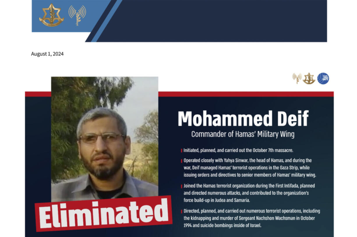 This graphic released by Israel Defense Forces on Thursday, Aug. 1, 2024, announces the death of Hamas Military Wing Commander Mohammed Deif. The Israeli military said Thursday that it has confirmed that the head of Hamas&rsquo; military wing, Deif, was killed in an airstrike in Gaza in July.