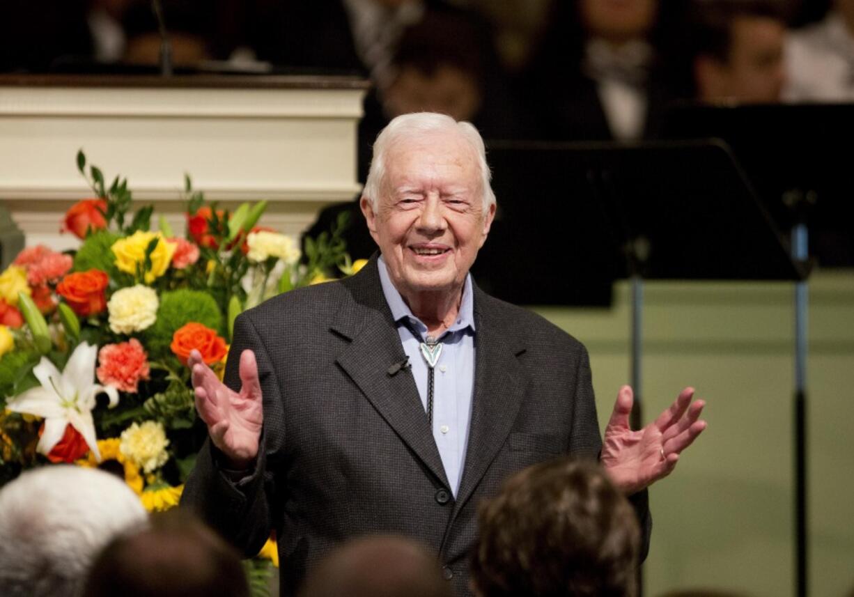 FILE - Former President Jimmy Carter teaches Sunday School class at the Maranatha Baptist Church in his hometown of Plains, Ga., Aug. 23, 2015. Former President Carter will be honored next month, ahead of his 100th birthday, with a musical gala at the Fox Theatre in Atlanta, The Carter Center announced Thursday, Aug. 1, 2024.