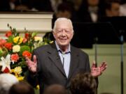 FILE - Former President Jimmy Carter teaches Sunday School class at the Maranatha Baptist Church in his hometown of Plains, Ga., Aug. 23, 2015. Former President Carter will be honored next month, ahead of his 100th birthday, with a musical gala at the Fox Theatre in Atlanta, The Carter Center announced Thursday, Aug. 1, 2024.