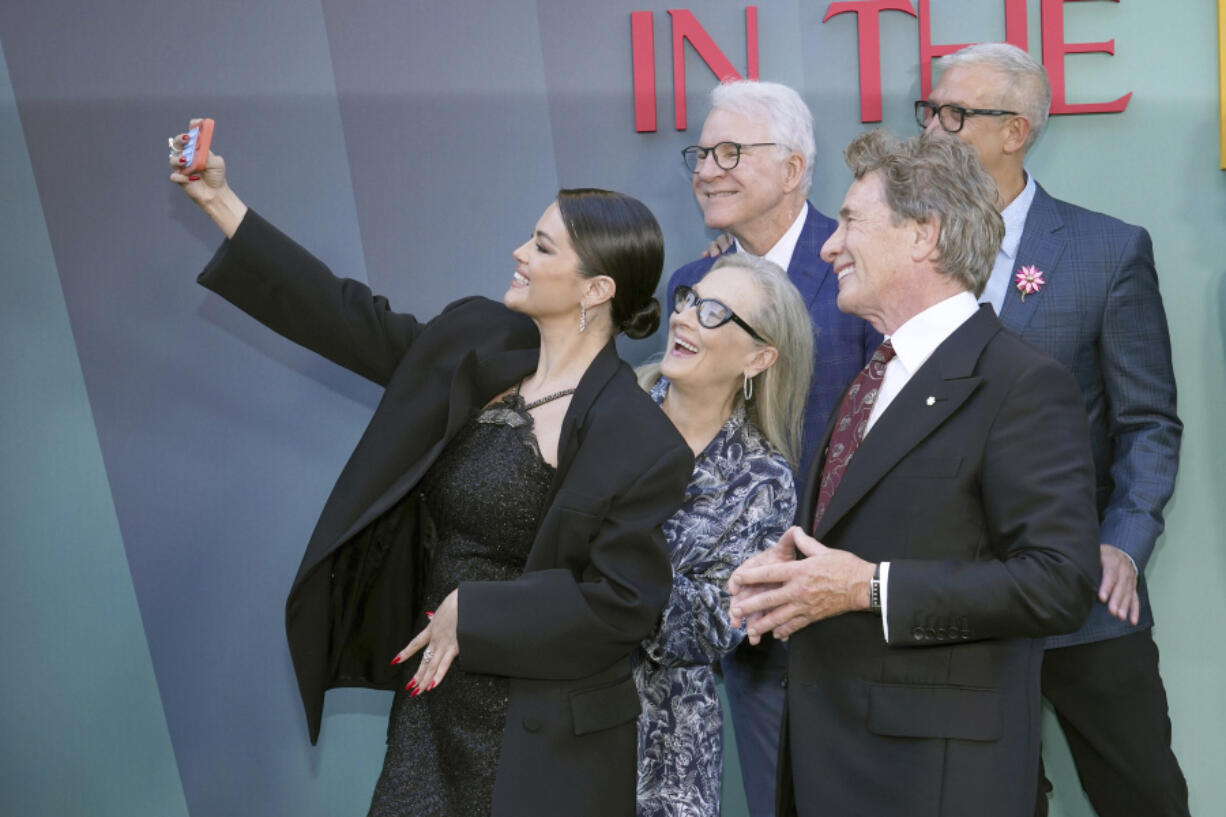 Selena Gomez, from left, Meryl Streep, Steve Martin, Martin Short, and John Hoffman arrive at the premiere of &ldquo;Only Murders in the Building&rdquo; at Paramount Pictures on Thursday, Aug. 22, 2024, in Los Angeles.