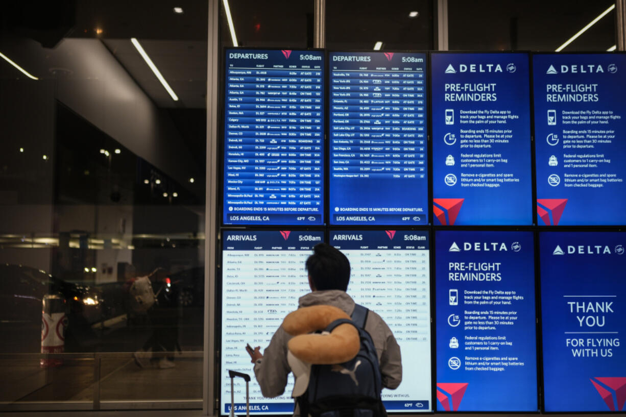 A person looks at the flight information screen in the Delta Airlines ticketing area at the Los Angeles International Airport in Los Angeles, Friday, Aug. 30, 2024. (AP Photo/Jae C.