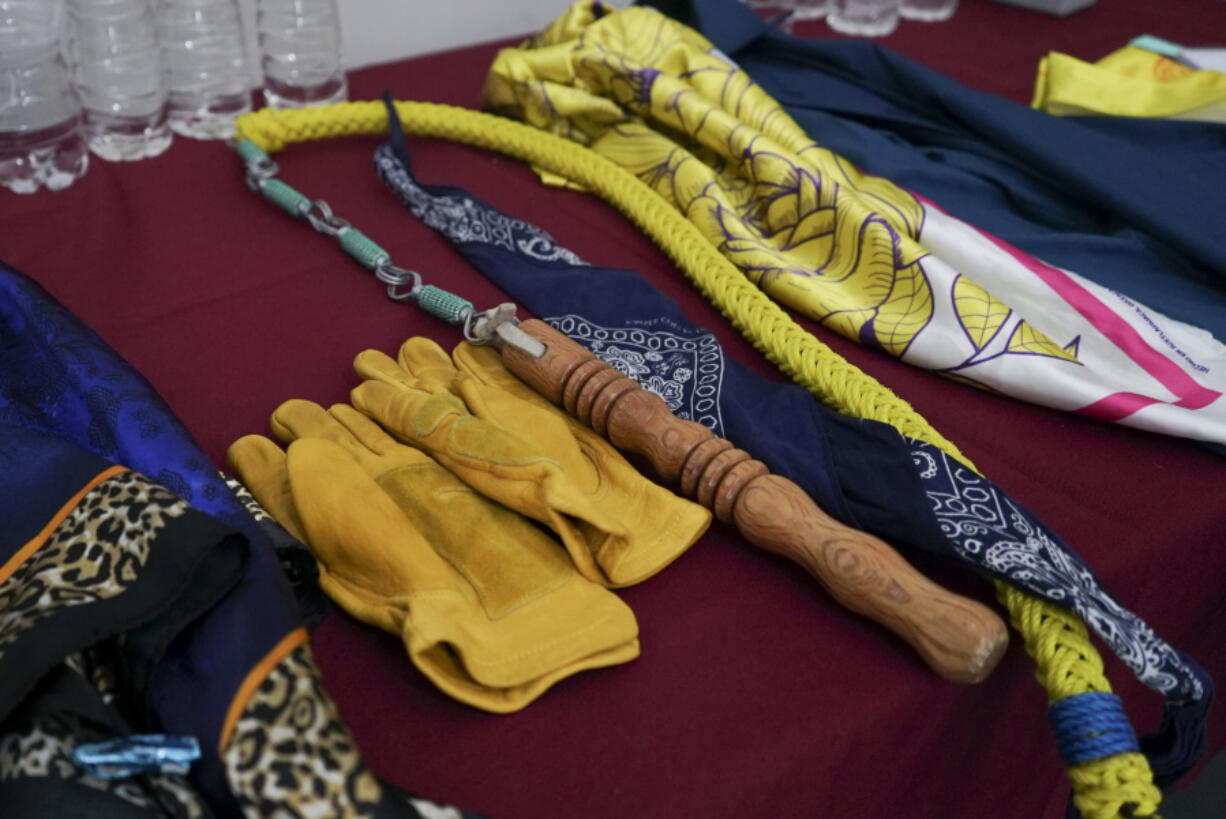 Gloves, whip and other accessories used for &ldquo;El Baile del Diablo&rdquo; or &ldquo;Devil&rsquo;s Dance&rdquo; a traditional dance from the Oaxacan coast. The Mexican-Triqui artist Carlos CGH performed during a Festival of Indigenous Cultures, in Mexico City, Tuesday, August 6, 2024.