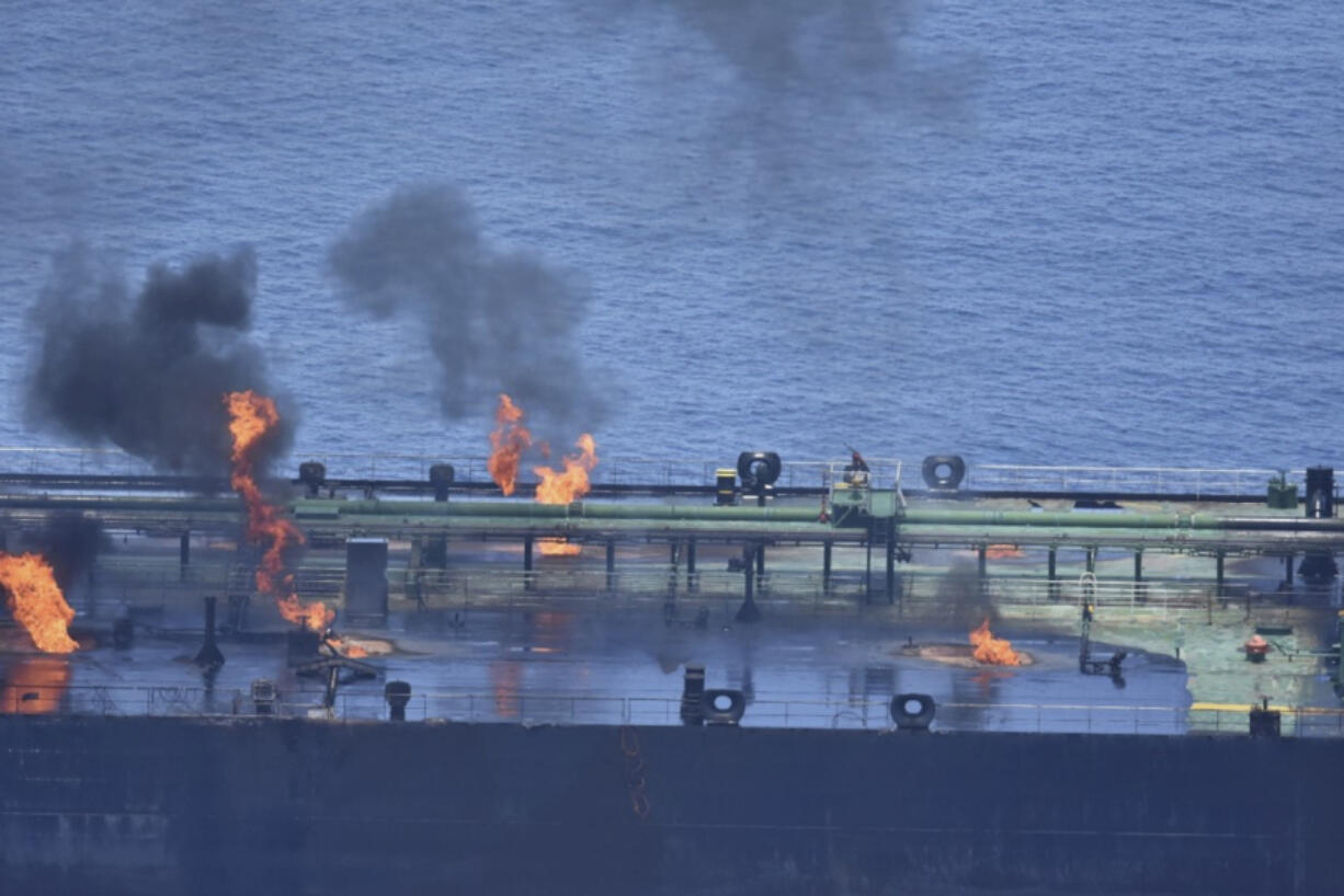 This photo released by the European Union&rsquo;s Operation Aspides shows fires burning aboard the oil tanker Sounion in the Red Sea on Sunday, Aug. 25, 2024. The EU mission said Monday that there were no signs of an oil spill emanating from the Sounion, which came under repeated attack by Yemen&rsquo;s Houthi rebels amid their campaign targeting shipping over the Israel-Hamas war in the Gaza Strip.