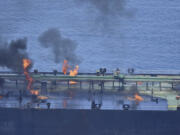 This photo released by the European Union&rsquo;s Operation Aspides shows fires burning aboard the oil tanker Sounion in the Red Sea on Sunday, Aug. 25, 2024. The EU mission said Monday that there were no signs of an oil spill emanating from the Sounion, which came under repeated attack by Yemen&rsquo;s Houthi rebels amid their campaign targeting shipping over the Israel-Hamas war in the Gaza Strip.