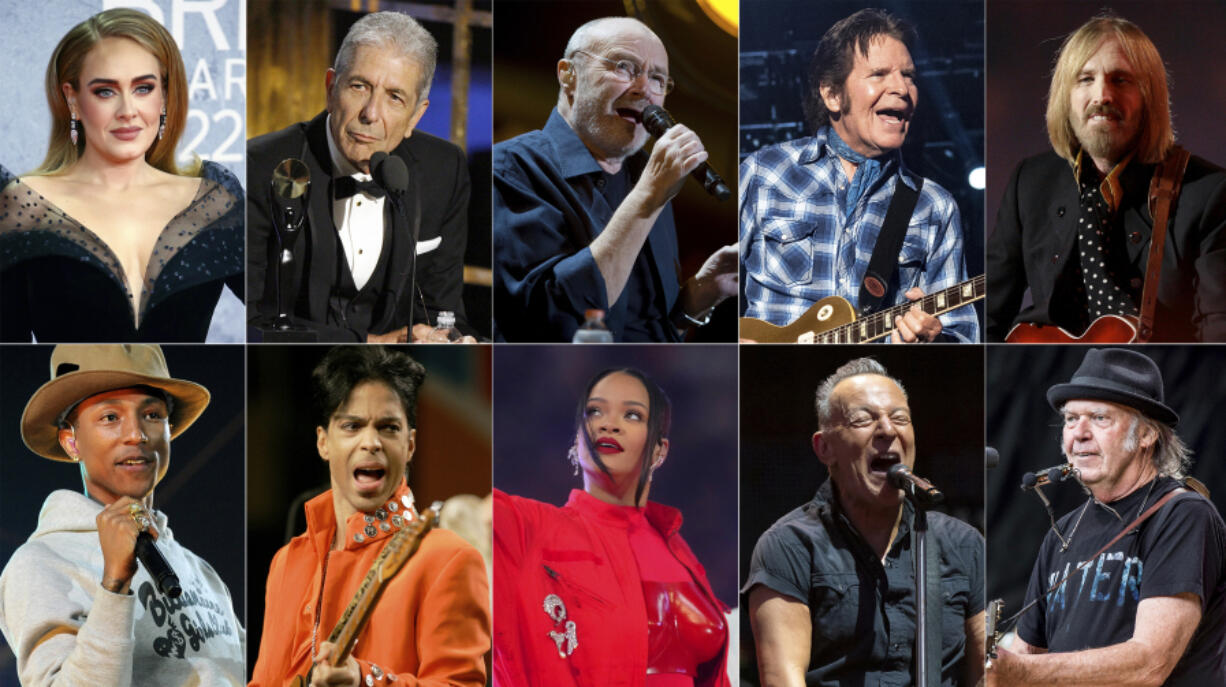 This combination of photos show, top row from left, Adele, Leonard Cohen, Phil Collins, John Fogerty and Tom Petty, bottom row from left, Pharrell, Prince, Rihanna, Bruce Springsteen and Neil Young.