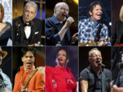 This combination of photos show, top row from left, Adele, Leonard Cohen, Phil Collins, John Fogerty and Tom Petty, bottom row from left, Pharrell, Prince, Rihanna, Bruce Springsteen and Neil Young.