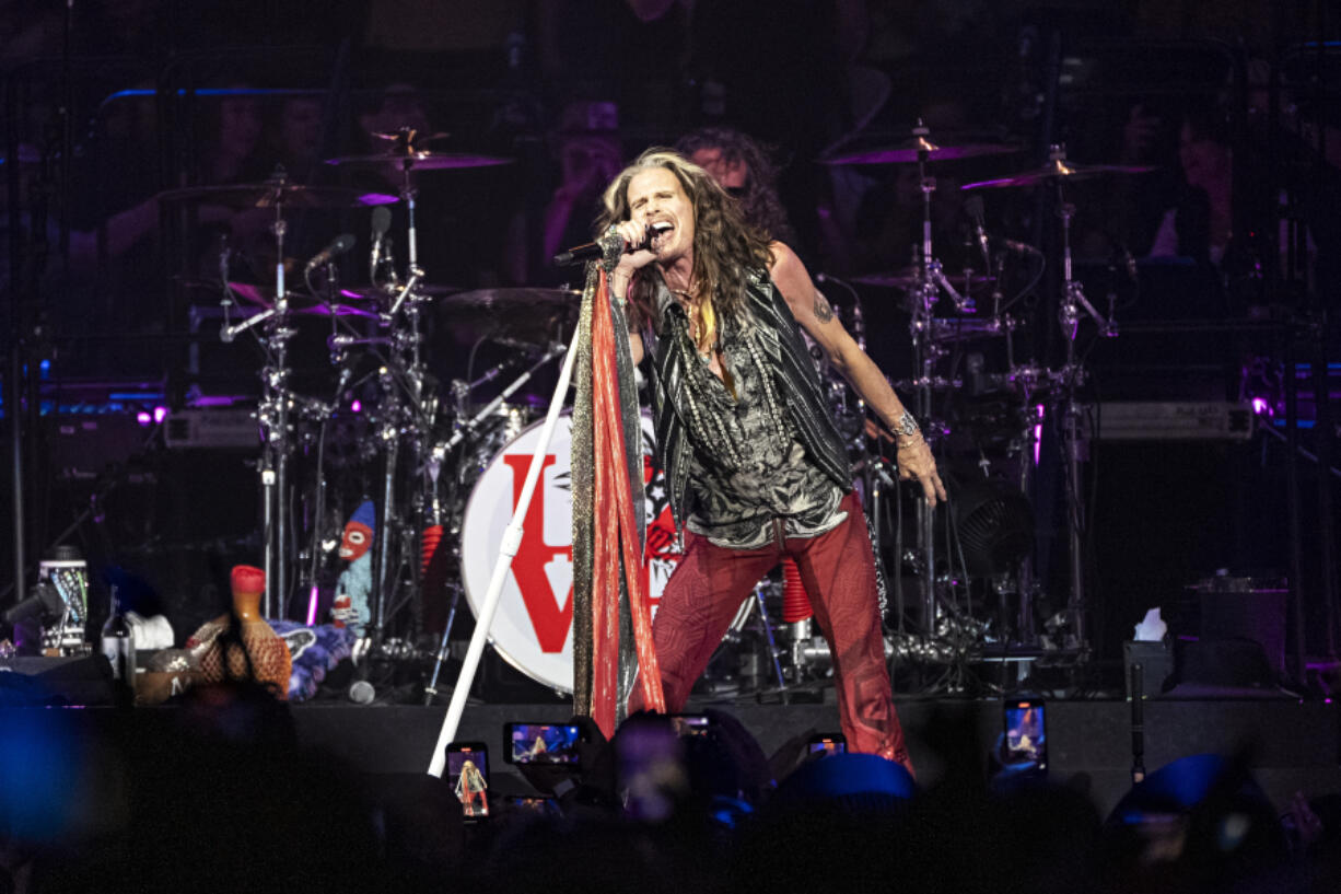 FILE - Steven Tyler of Aerosmith performs during night one of their &quot;Peace Out: The Farewell Tour&quot; on Sept. 2, 2023, at Wells Fargo Center in Philadelphia. The band said Friday, Aug. 2, 2024, that Tyler&#039;s voice has been permanently damaged by a vocal cord injury last year and the band will no longer tour.