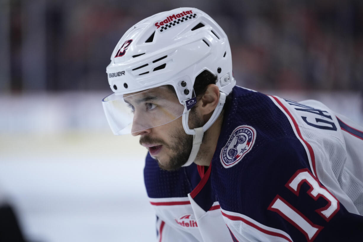 FILE - Columbus Blue Jackets&rsquo; Johnny Gaudreau plays during an NHL hockey game, Jan. 4, 2024, in Philadelphia.