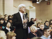 FILE - Phil Donahue hosts his television show in New York on Jan. 27, 1993. Donahue, whose pioneering daytime talk show launched an indelible television genre, has died. He was 88.