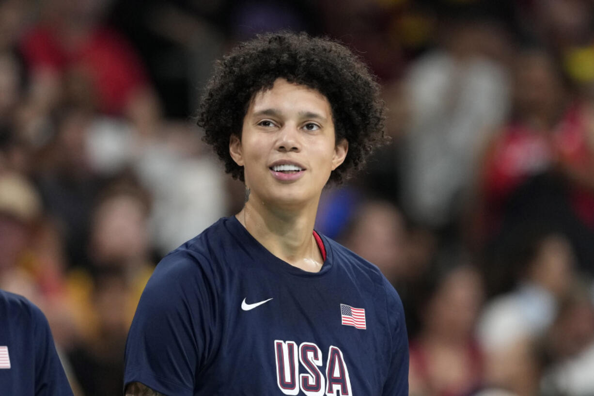 United States&rsquo; Brittney Griner, center, stands on the court prior to a women&rsquo;s basketball game against Belgium at the 2024 Summer Olympics, Thursday, Aug. 1, 2024, in Villeneuve-d&rsquo;Ascq, France.