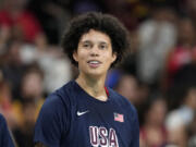 United States&rsquo; Brittney Griner, center, stands on the court prior to a women&rsquo;s basketball game against Belgium at the 2024 Summer Olympics, Thursday, Aug. 1, 2024, in Villeneuve-d&rsquo;Ascq, France.