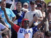 US artist Snoop Dogg attends a women&rsquo;s beach volleyball match between The United States and France at the 2024 Summer Olympics, Wednesday, July 31, 2024, in Paris, France. (AP Photo/Robert F.