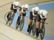 United States&#039; Jennifer Valente, Lily Williams, Chloe Dygert and Kristen Faulkner compete on their way to clinch the gold medal in the women&#039;s team pursuit event, at the Summer Olympics, Wednesday, Aug. 7, 2024, in Paris, France.