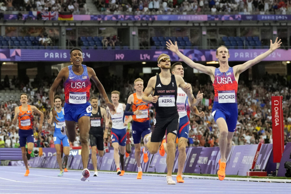 Cole Hocker, of the United States, celebrates after winning the men&rsquo;s 1500-meters final at the 2024 Summer Olympics, Tuesday, Aug. 6, 2024, in Saint-Denis, France.