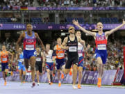 Cole Hocker, of the United States, celebrates after winning the men&rsquo;s 1500-meters final at the 2024 Summer Olympics, Tuesday, Aug. 6, 2024, in Saint-Denis, France.