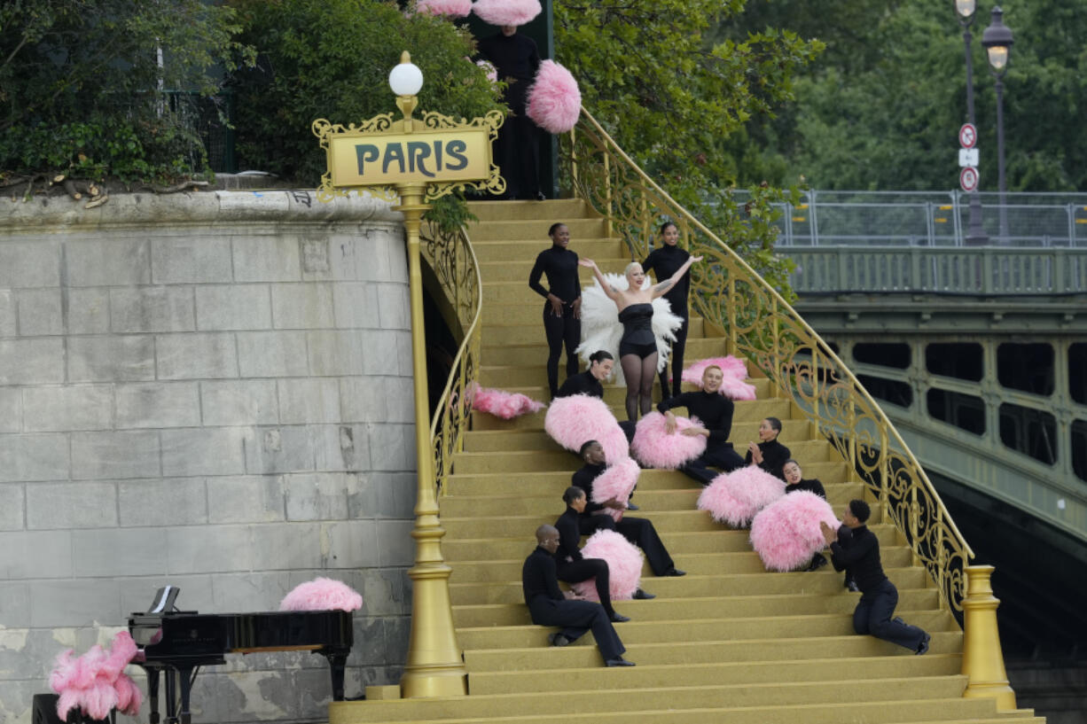 Lady Gaga performs in Paris, France, ahead of the opening ceremony of the 2024 Summer Olympics, Friday, July 26, 2024.