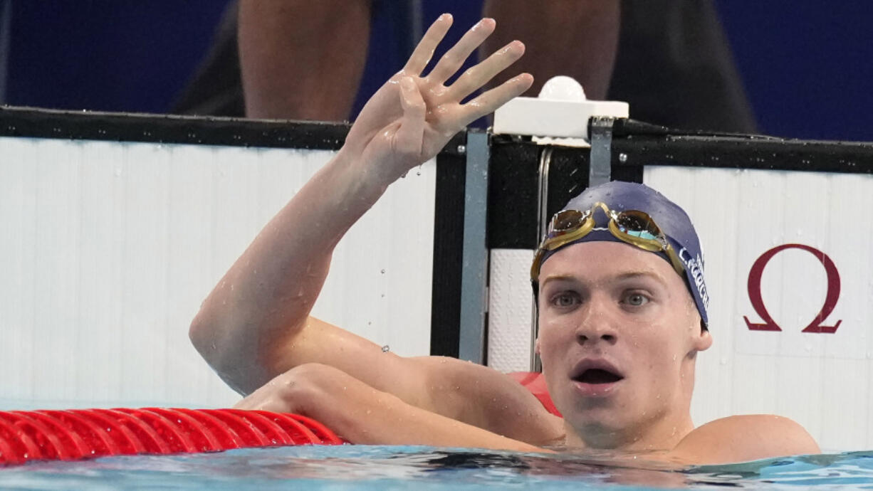 Leon Marchand of France, celebrates after winning the men&rsquo;s 200-meter individual medley final at the 2024 Summer Olympics, Friday, Aug. 2, 2024, in Nanterre, France.