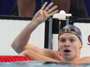 Leon Marchand of France, celebrates after winning the men&rsquo;s 200-meter individual medley final at the 2024 Summer Olympics, Friday, Aug. 2, 2024, in Nanterre, France.