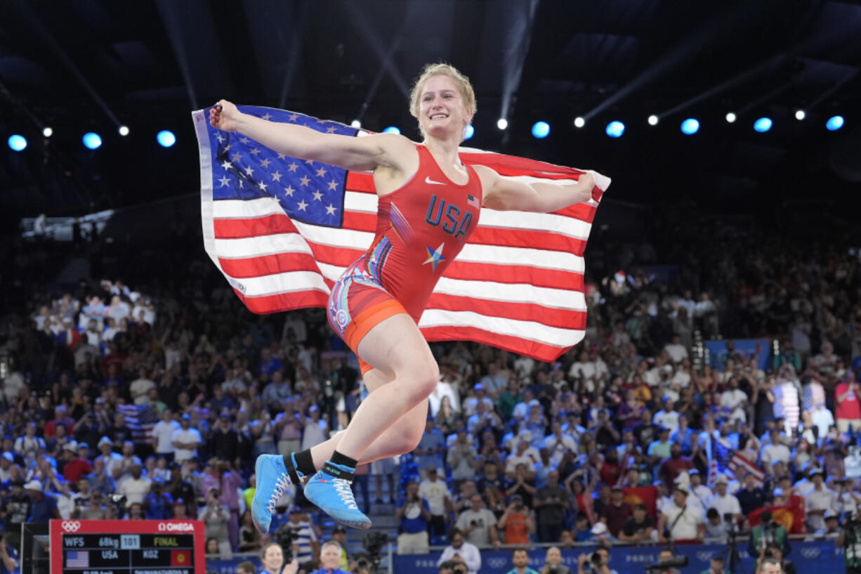 United State&rsquo;s Amit Elor celebrates after defeating Kyrgyzstan&rsquo;s Meerim Zhumanazarova during their women&rsquo;s freestyle 68kg wrestling final match, at Champ-de-Mars Arena, during the 2024 Summer Olympics, Tuesday, Aug. 6, 2024, in Paris, France.