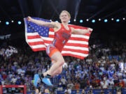 United State&rsquo;s Amit Elor celebrates after defeating Kyrgyzstan&rsquo;s Meerim Zhumanazarova during their women&rsquo;s freestyle 68kg wrestling final match, at Champ-de-Mars Arena, during the 2024 Summer Olympics, Tuesday, Aug. 6, 2024, in Paris, France.