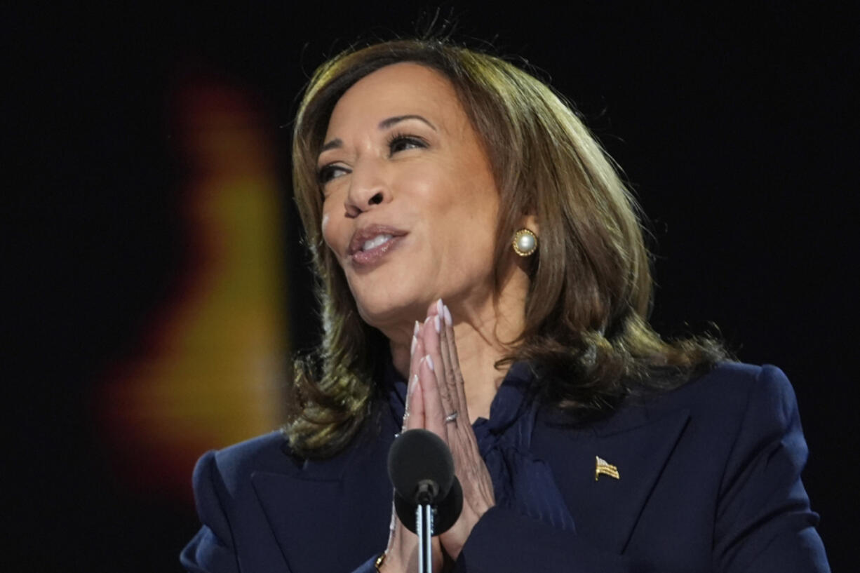 Democratic presidential nominee Vice President Kamala Harris speaks during the Democratic National Convention in Chicago, Aug. 22, 2024.