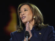 Democratic presidential nominee Vice President Kamala Harris speaks during the Democratic National Convention in Chicago, Aug. 22, 2024.