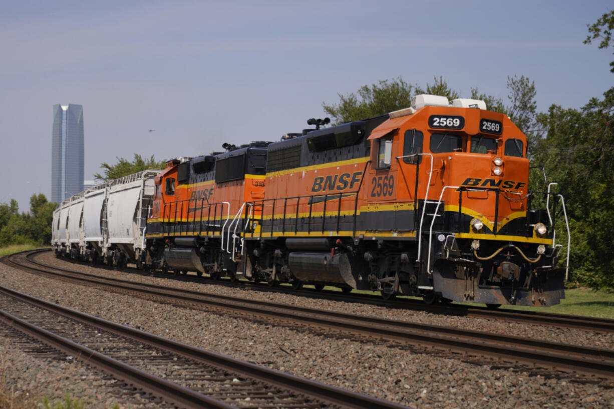 FILE - A BNSF locomotive heads south out of Oklahoma City, Sept. 14, 2022.