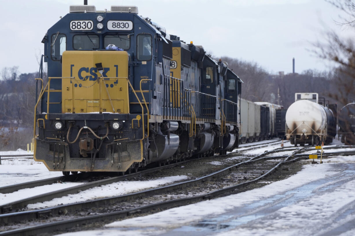 FILE - CSX locomotives sit at CSX North Framingham Yard, on Jan. 24, 2023, in Framingham, Mass.