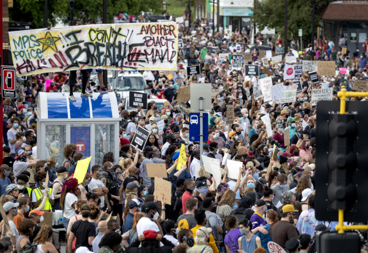 Protesters gather calling for justice for George Floyd on May 26, 2020, in Minneapolis.