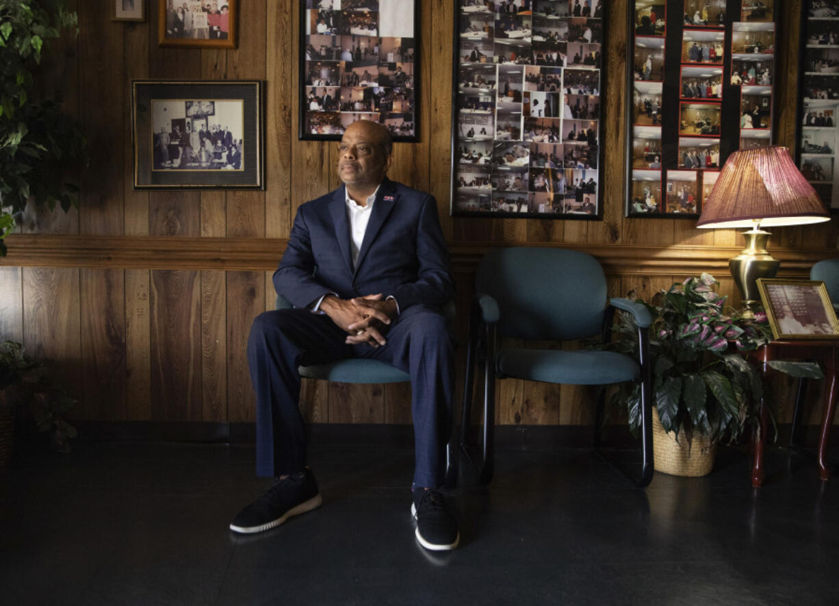 Mayor William D. Rawls Jr., the first Black mayor of Brownsville, Tenn., sits for a portrait on July 10, 2024, in the lobby of the Rawls Funeral Home, founded by his grandfather. Elected to office in 2014, he started the Healthy Moves Initiative, a health education and preventive care effort. (Ariel J.