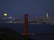 A supermoon is seen over San Francisco from Marin Headlands in Sausalito, Calif., on Monday, Aug. 19, 2024.