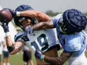 Seattle Seahawks wide receiver Jake Bobo (19) makes a catch over Tennessee Titans cornerback Roger McCreary, right, during an NFL joint football training camp practice Thursday, Aug. 15, 2024, in Nashville, Tenn.