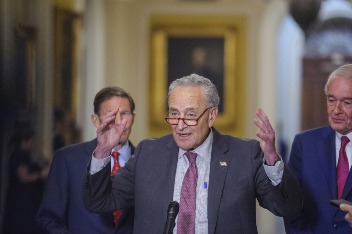 Senate Majority Leader Chuck Schumer, D-N.Y., offers remarks following the Senate Democrats policy luncheon at the U.S. Capitol Tuesday, July 30, 2024, in Washington.