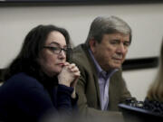 Rose Marie Kosmetatos, left, and her husband, Antonios Pagourtzis, parents of accused Santa Fe High School shooter Dimitrios Pagourtzis, listen to their attorneys discuss a motion Friday, Aug. 16, 2024, during their civil trial in Galveston County Court No. 3 Judge Jack Ewing&rsquo;s courtroom at the Galveston County Courthouse in Galveston, Texas.