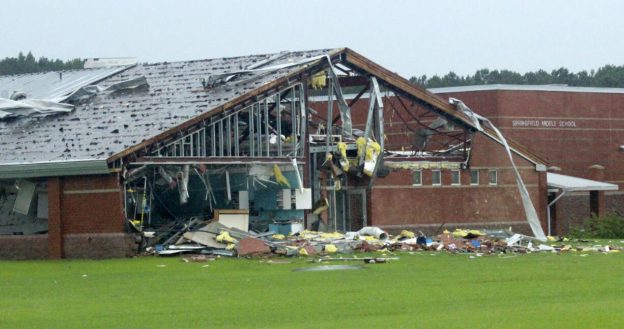 A middle school in Wilson County, North Carolina is seen on Thursday, Aug. 8, 2024, after being damaged by a tornado spawned by Tropical Storm Debby.