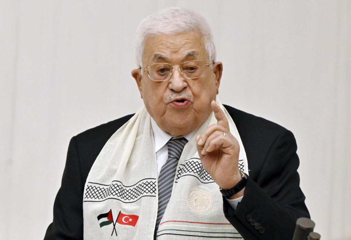 Palestinian President Mahmoud Abbas, speaks during an extraordinary Parliamentary Meeting on Palestinians, at the Turkish Parliament in Ankara, Turkey, Thursday, Aug. 15, 2024.