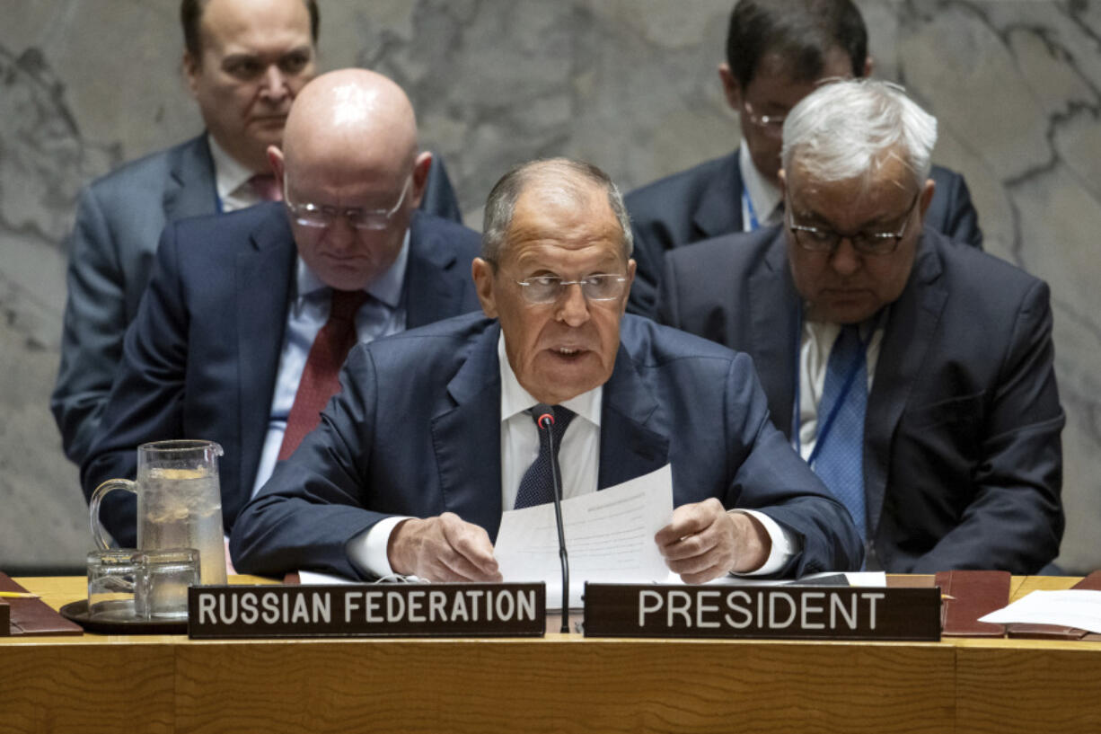 In this photo provided by the United Nations, Russia&rsquo;s Foreign Minister Sergey Lavrov, and President of the Security Council for the month of July, center, chairs the Security Council meeting on maintenance of international peace and security, Tuesday, July 16, 2024, on the theme &ldquo;Multilateral cooperation for a more just, democratic and sustainable world order.&rdquo; Whether it&rsquo;s Gaza, Ukraine, Syria or a new world order, it&rsquo;s been Russia versus the United States and the West during Moscow&rsquo;s presidency of the U.N. Security Council this month, with the growing divide on vivid display.