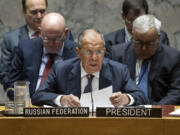 In this photo provided by the United Nations, Russia&rsquo;s Foreign Minister Sergey Lavrov, and President of the Security Council for the month of July, center, chairs the Security Council meeting on maintenance of international peace and security, Tuesday, July 16, 2024, on the theme &ldquo;Multilateral cooperation for a more just, democratic and sustainable world order.&rdquo; Whether it&rsquo;s Gaza, Ukraine, Syria or a new world order, it&rsquo;s been Russia versus the United States and the West during Moscow&rsquo;s presidency of the U.N. Security Council this month, with the growing divide on vivid display.