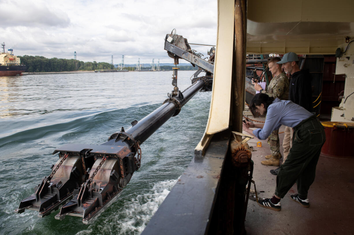 U.S. Rep. Marie Gluesenkamp Perez tours the Yaquina dredging vessel as the crews works along the Columbia River on Thursday morning. &ldquo;So many of our industries rely on these waterways and this dredging schedule,&rdquo; Perez said.