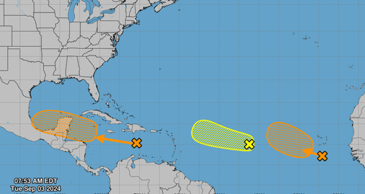 The National Hurricane Center on Tuesday was keeping track of three systems with a chance to form into the season&rsquo;s next tropical depression or storm.