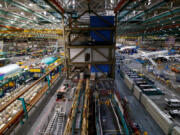 The 777 factory line, left, is seen next to the 787 line, right, at Boeing&Ccedil;&fnof;&Ugrave;s Everett Production Facility on June 15, 2022, in Everett, Washington.