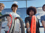 Hockinson boys tennis players, from left, seniors Aidan Willis, Cameron Pulsipher, and juniors Jahlen Miller and Wen-Ming Hsu will be taking the court this fall as members of the first Hawks boys tennis team.